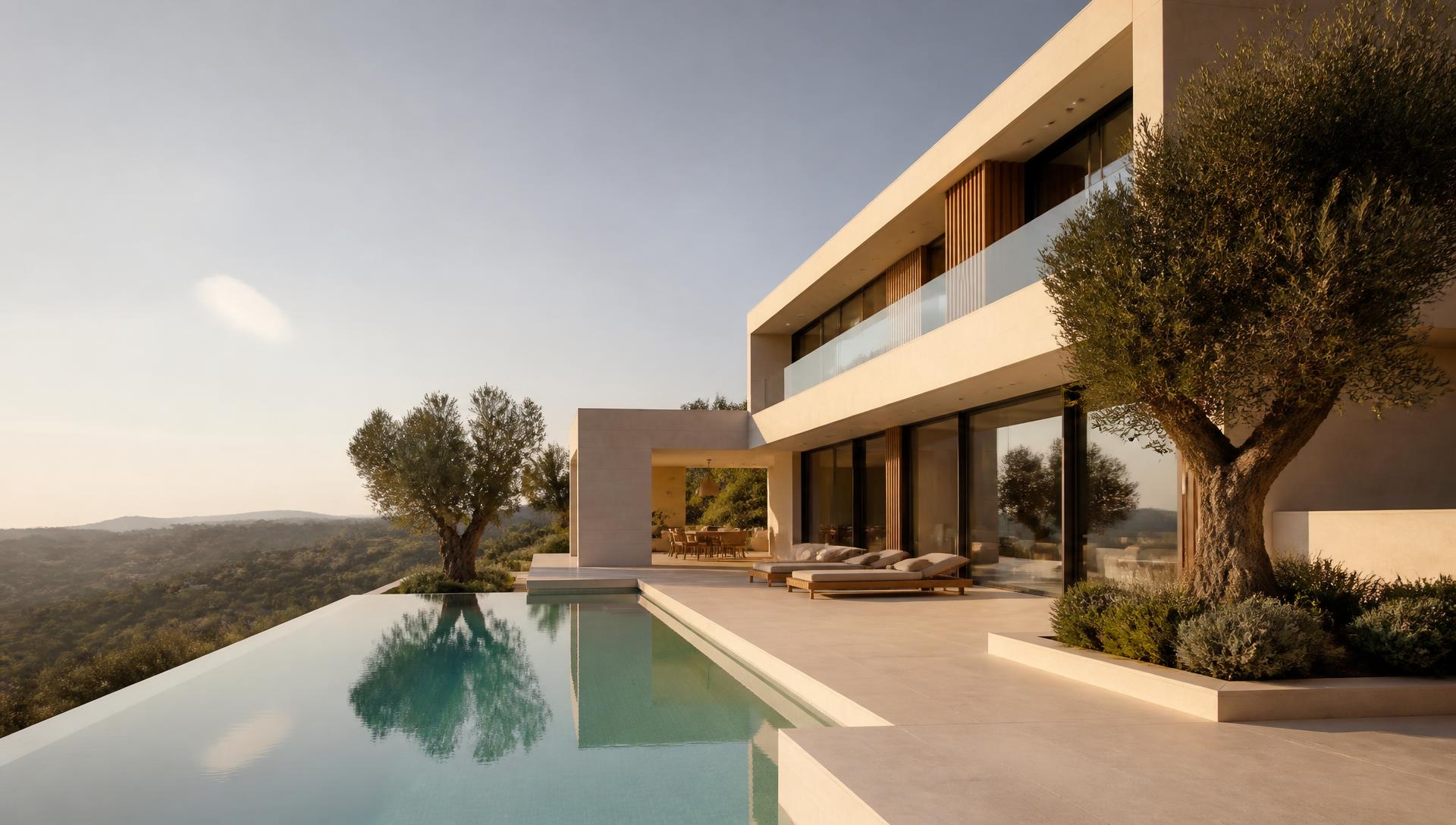 Contemporary property with a pool and olive trees in late afternoon light